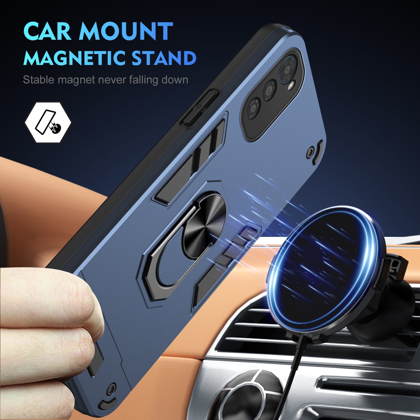 Shockproof Motorola Moto E32 Phone Case with 360° Rotatable Metal Ring Holder, Magnetic Car Mount Stand, Ultra-Thin PC & Silicone Protection Cover