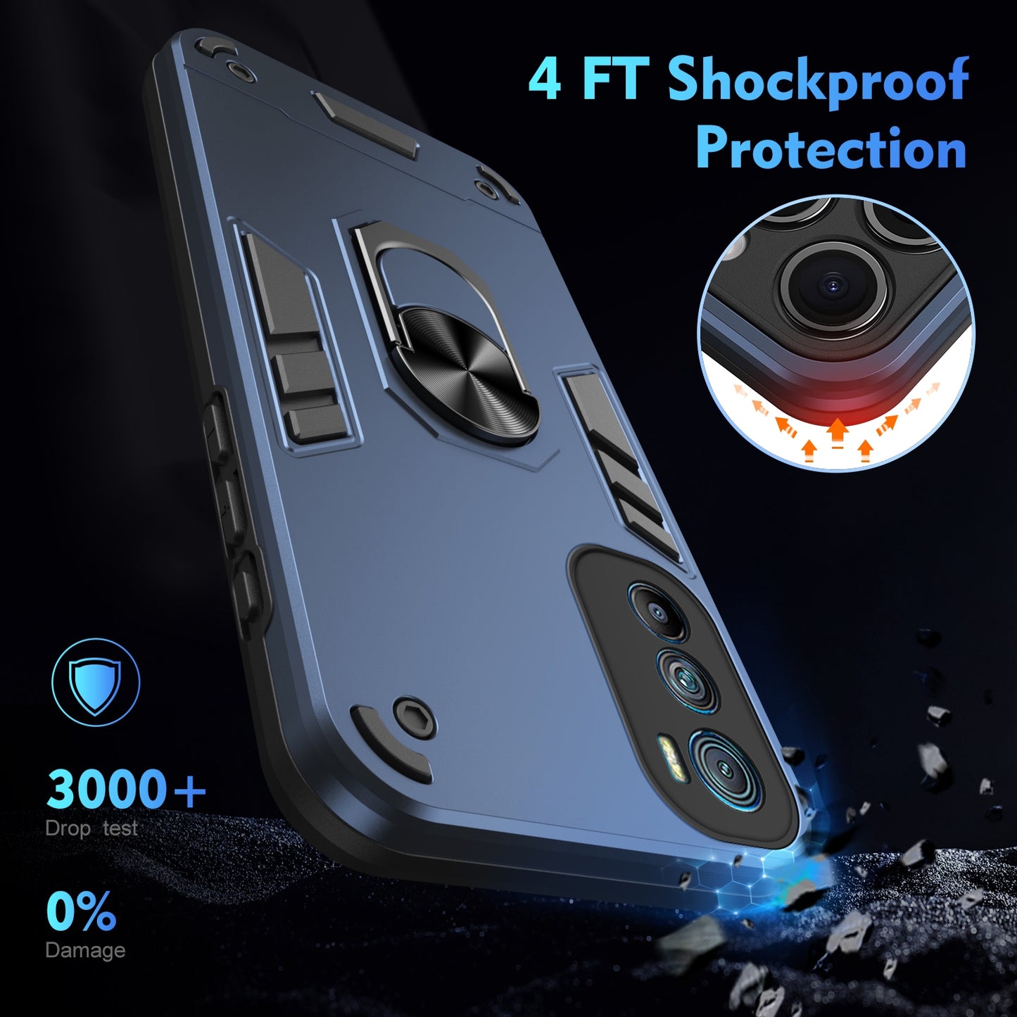 Shockproof Motorola Edge 30 Phone Case with 360° Rotatable Metal Ring Holder, Magnetic Car Mount Stand, Ultra-Thin PC & Silicone Protection Cover