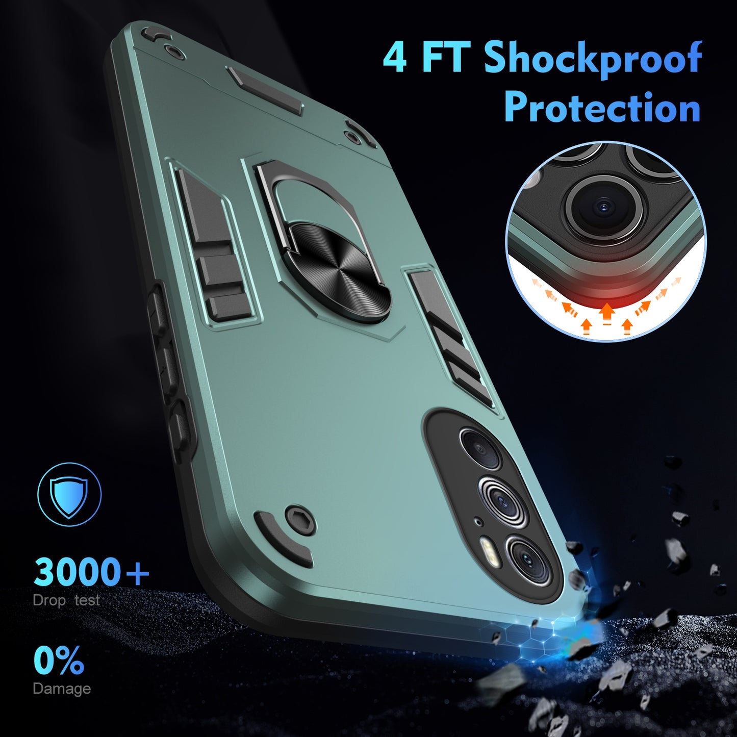 Shockproof Motorola Edge X30 Phone Case with 360° Rotatable Metal Ring Holder, Magnetic Car Mount Stand, Ultra-Thin PC & Silicone Protection Cover