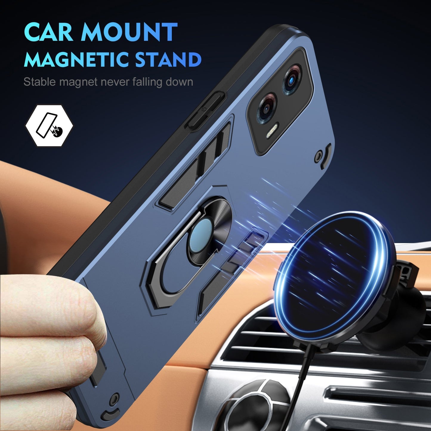 Shockproof Motorola Moto G 2023 Phone Case with 360° Rotatable Metal Ring Holder, Magnetic Car Mount Stand, Ultra-Thin PC & Silicone Protection Cover