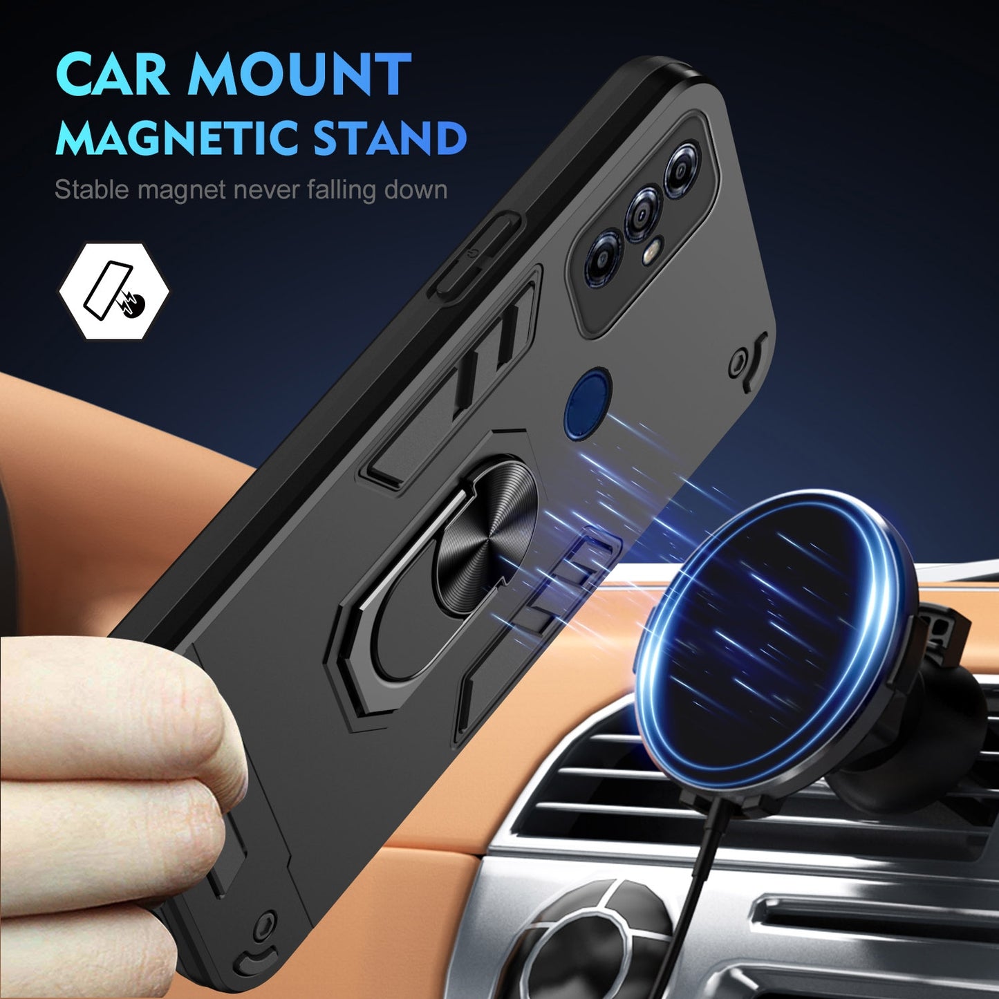Shockproof Motorola Moto G Play 2023 Phone Case with 360° Rotatable Metal Ring Holder, Magnetic Car Mount Stand, Ultra-Thin PC & Silicone Protection Cover