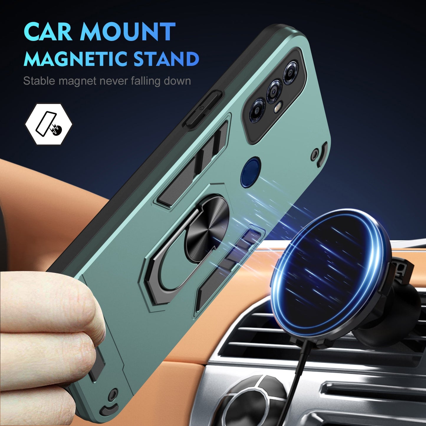Shockproof Motorola Moto G Play 2023 Phone Case with 360° Rotatable Metal Ring Holder, Magnetic Car Mount Stand, Ultra-Thin PC & Silicone Protection Cover