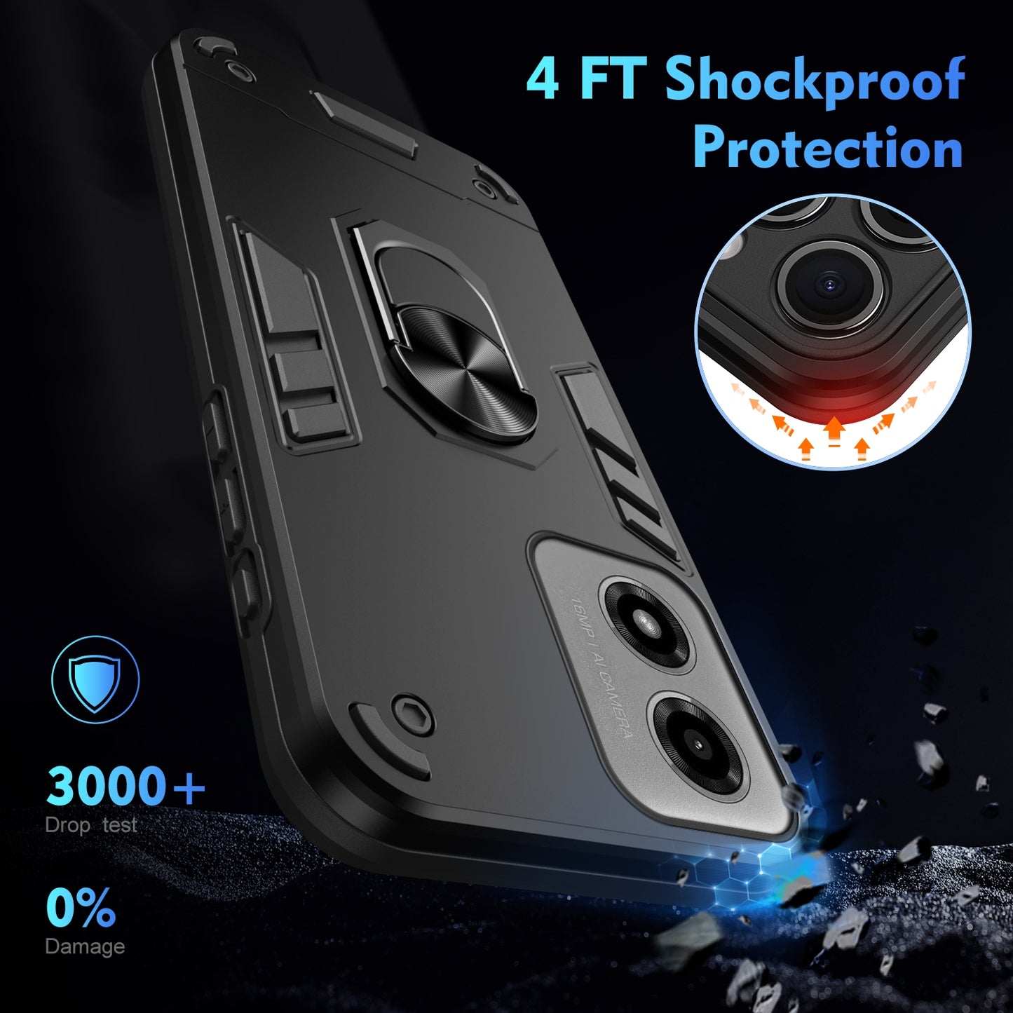 Shockproof Motorola Moto G04 Phone Case with 360° Rotatable Metal Ring Holder, Magnetic Car Mount Stand, Ultra-Thin PC & Silicone Protection Cover