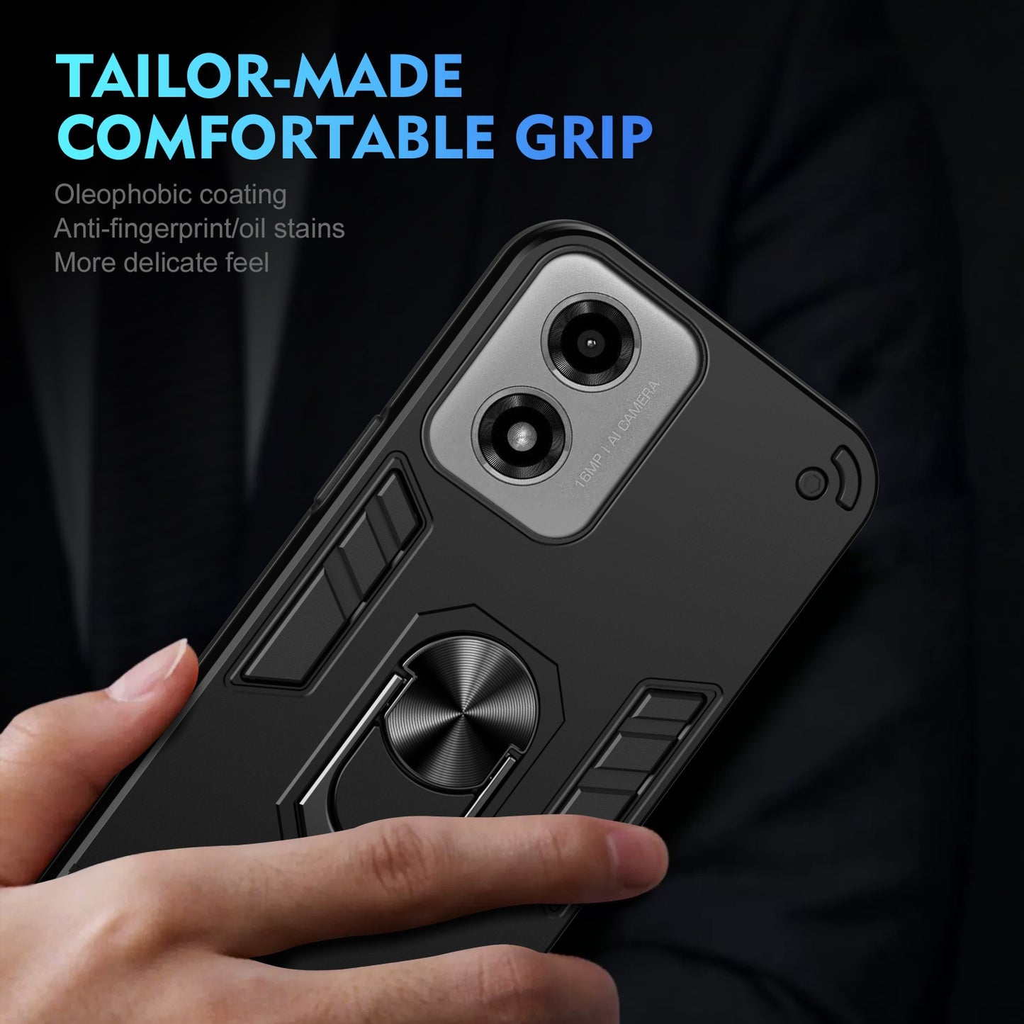 Shockproof Motorola Moto G04 Phone Case with 360° Rotatable Metal Ring Holder, Magnetic Car Mount Stand, Ultra-Thin PC & Silicone Protection Cover