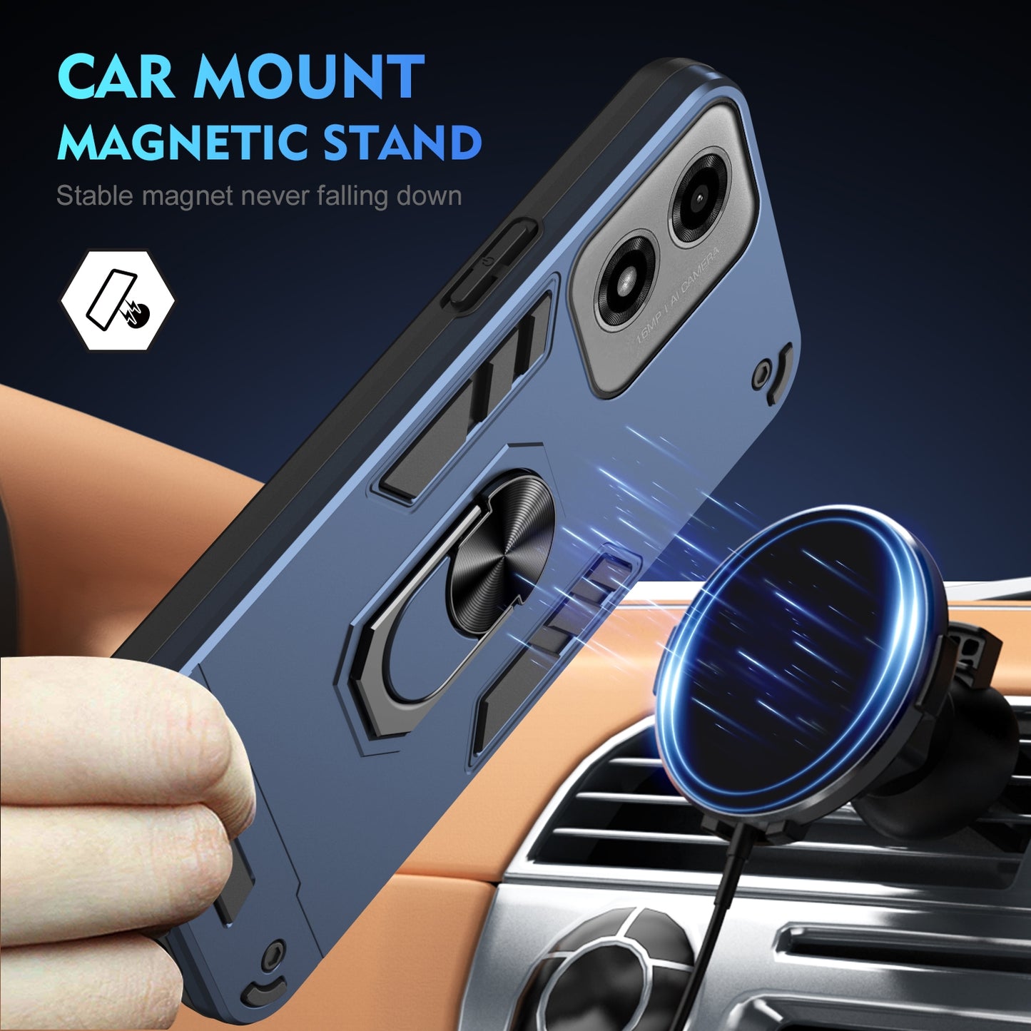 Shockproof Motorola Moto G04 Phone Case with 360° Rotatable Metal Ring Holder, Magnetic Car Mount Stand, Ultra-Thin PC & Silicone Protection Cover