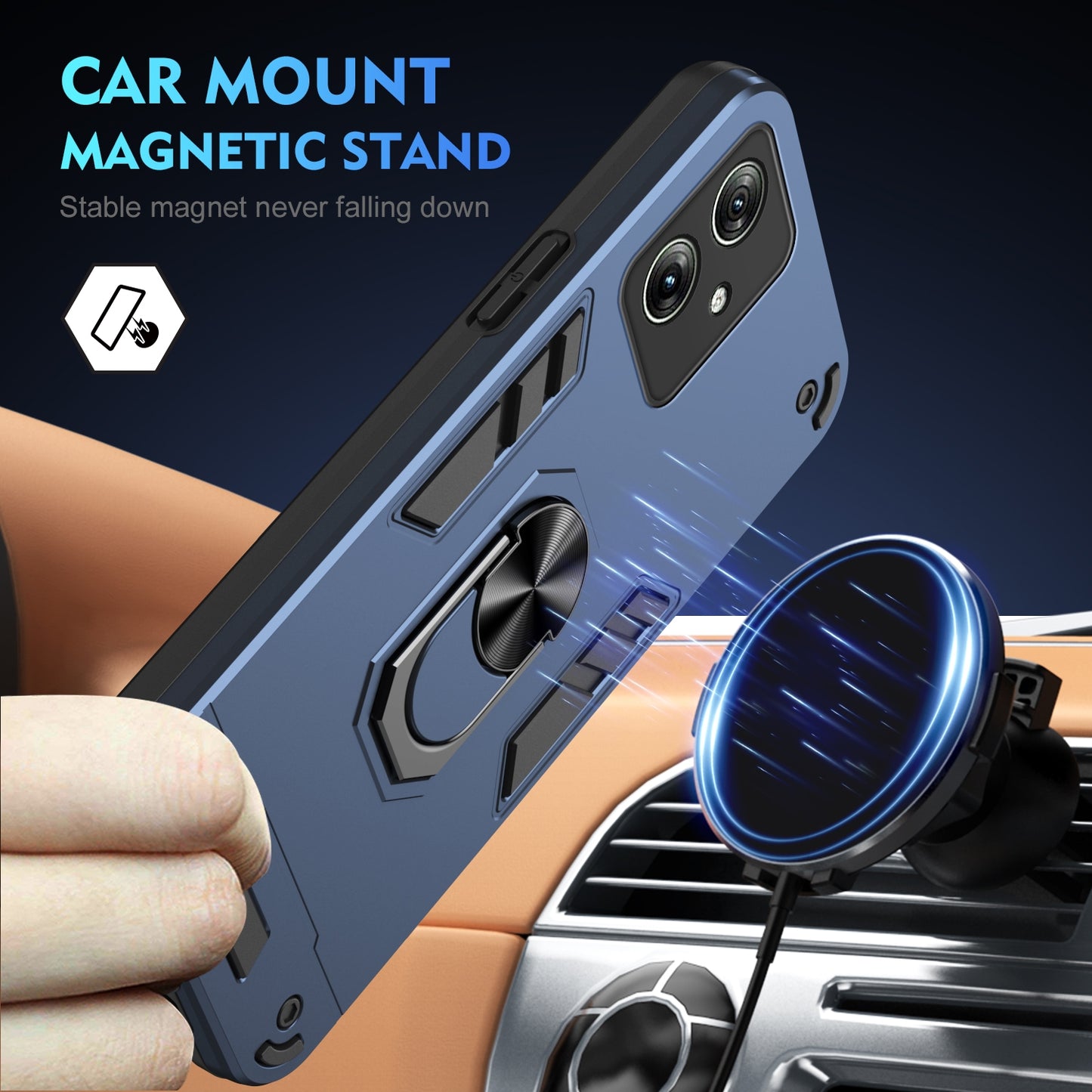 Shockproof Motorola Moto G54 Phone Case with 360° Rotatable Metal Ring Holder, Magnetic Car Mount Stand, Ultra-Thin PC & Silicone Protection Cover