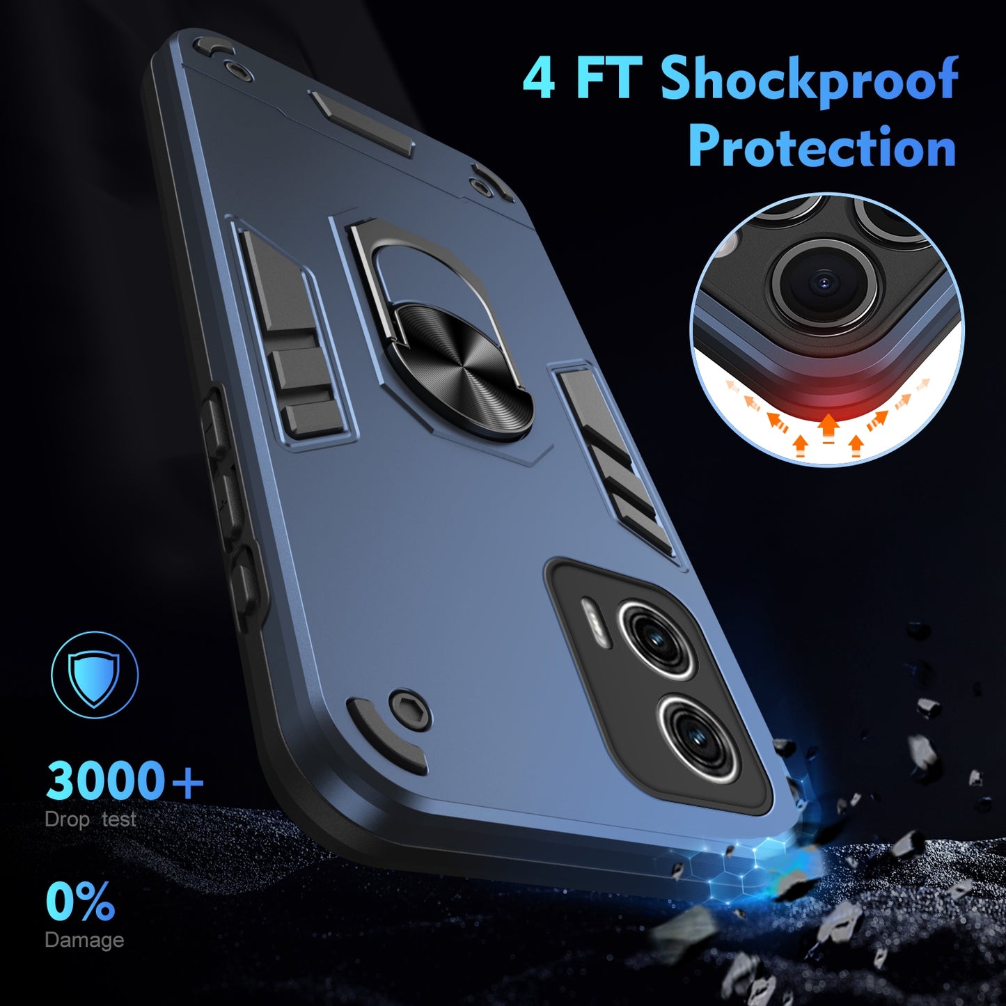 Shockproof Motorola Moto G73 Phone Case with 360° Rotatable Metal Ring Holder, Magnetic Car Mount Stand, Ultra-Thin PC & Silicone Protection Cover