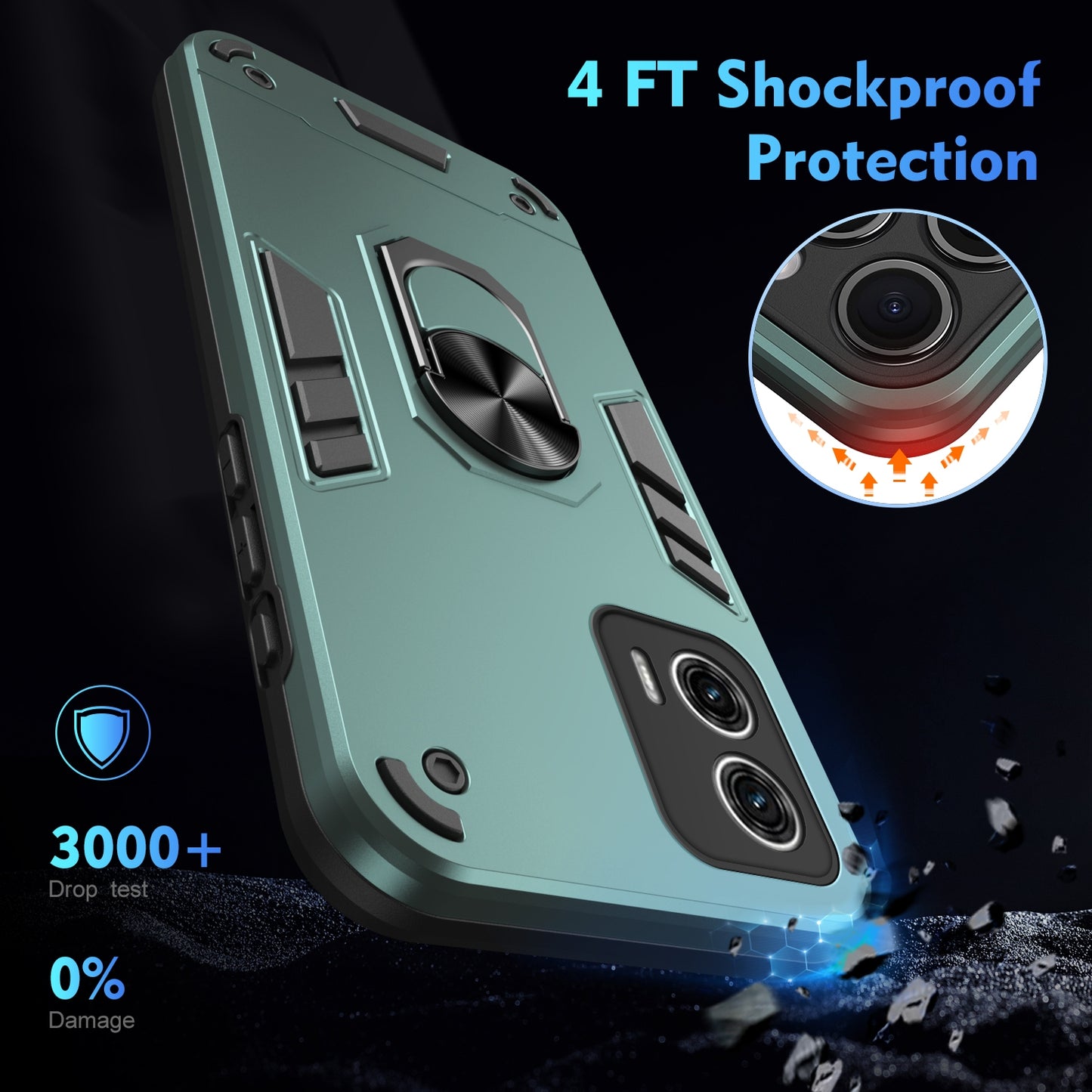 Shockproof Motorola Moto G73 Phone Case with 360° Rotatable Metal Ring Holder, Magnetic Car Mount Stand, Ultra-Thin PC & Silicone Protection Cover