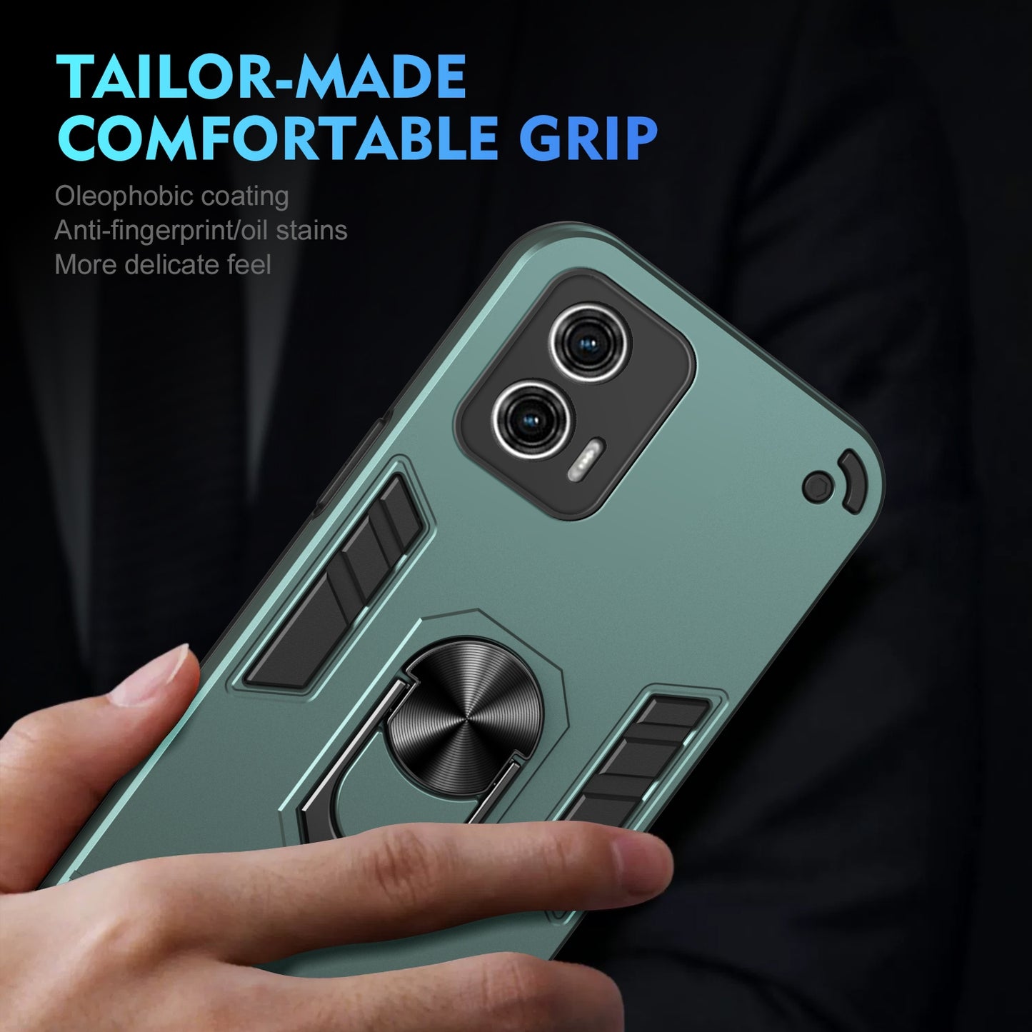 Shockproof Motorola Moto G73 Phone Case with 360° Rotatable Metal Ring Holder, Magnetic Car Mount Stand, Ultra-Thin PC & Silicone Protection Cover