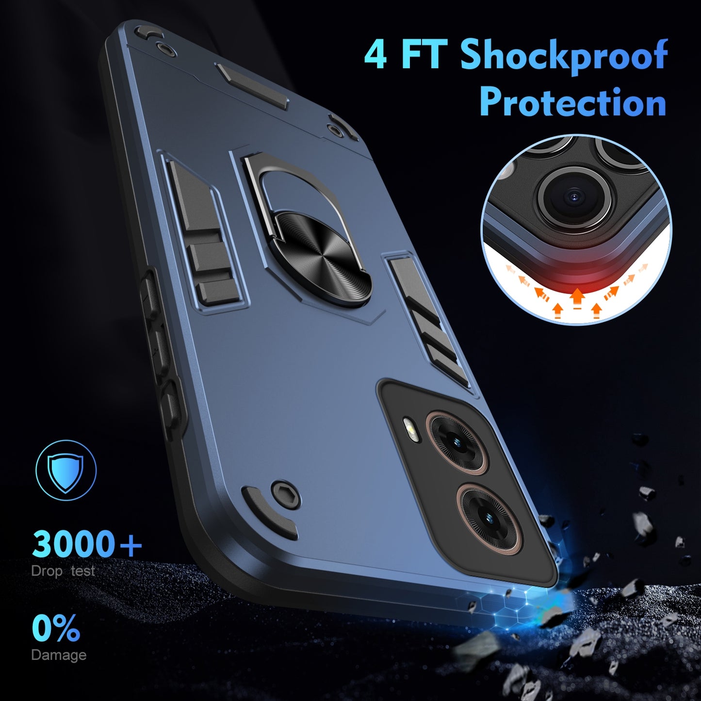 Shockproof Motorola Moto G85 Phone Case with 360° Rotatable Metal Ring Holder, Magnetic Car Mount Stand, Ultra-Thin PC & Silicone Protection Cover