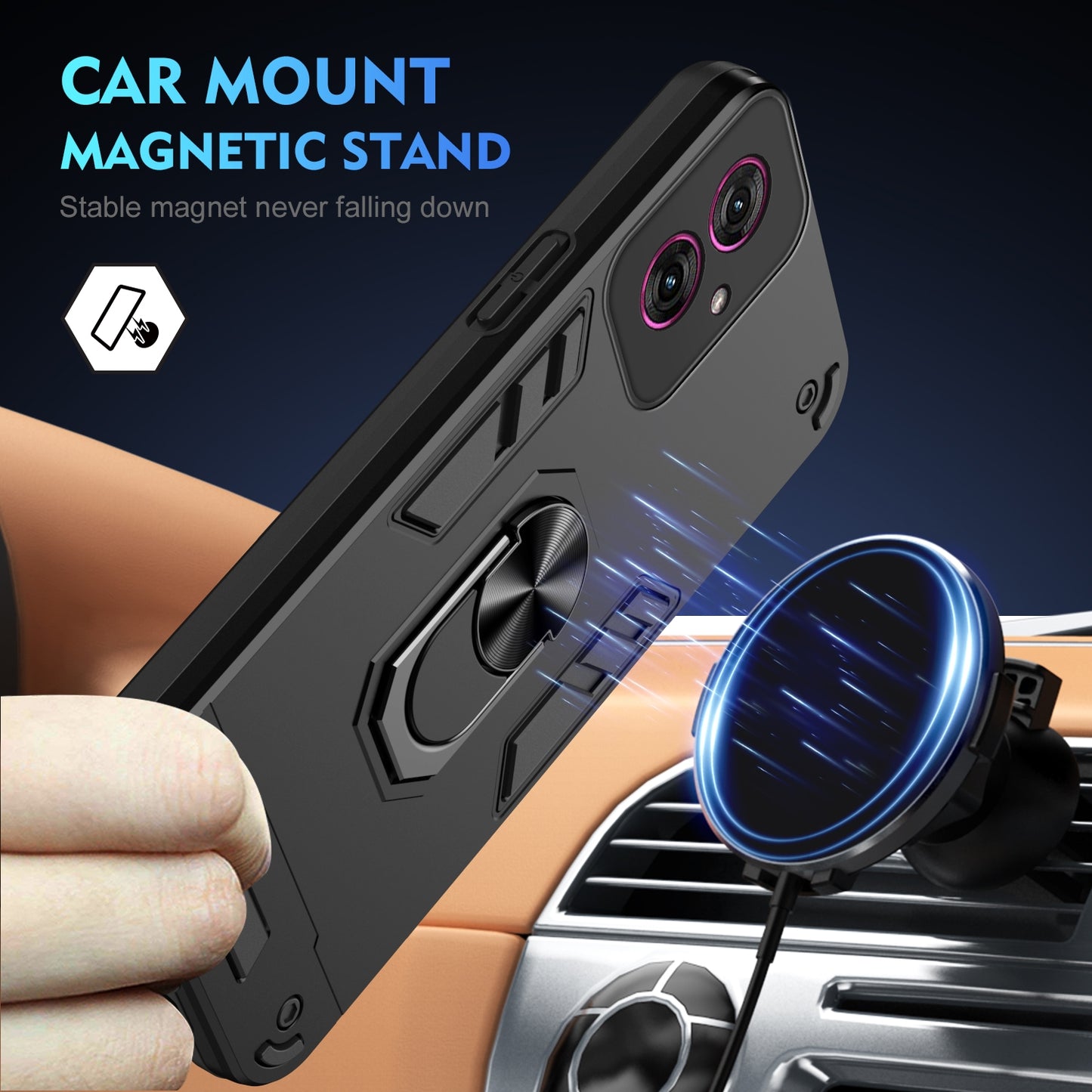 Shockproof Motorola Moto G55 Phone Case with 360° Rotatable Metal Ring Holder, Magnetic Car Mount Stand, Ultra-Thin PC & Silicone Protection Cover