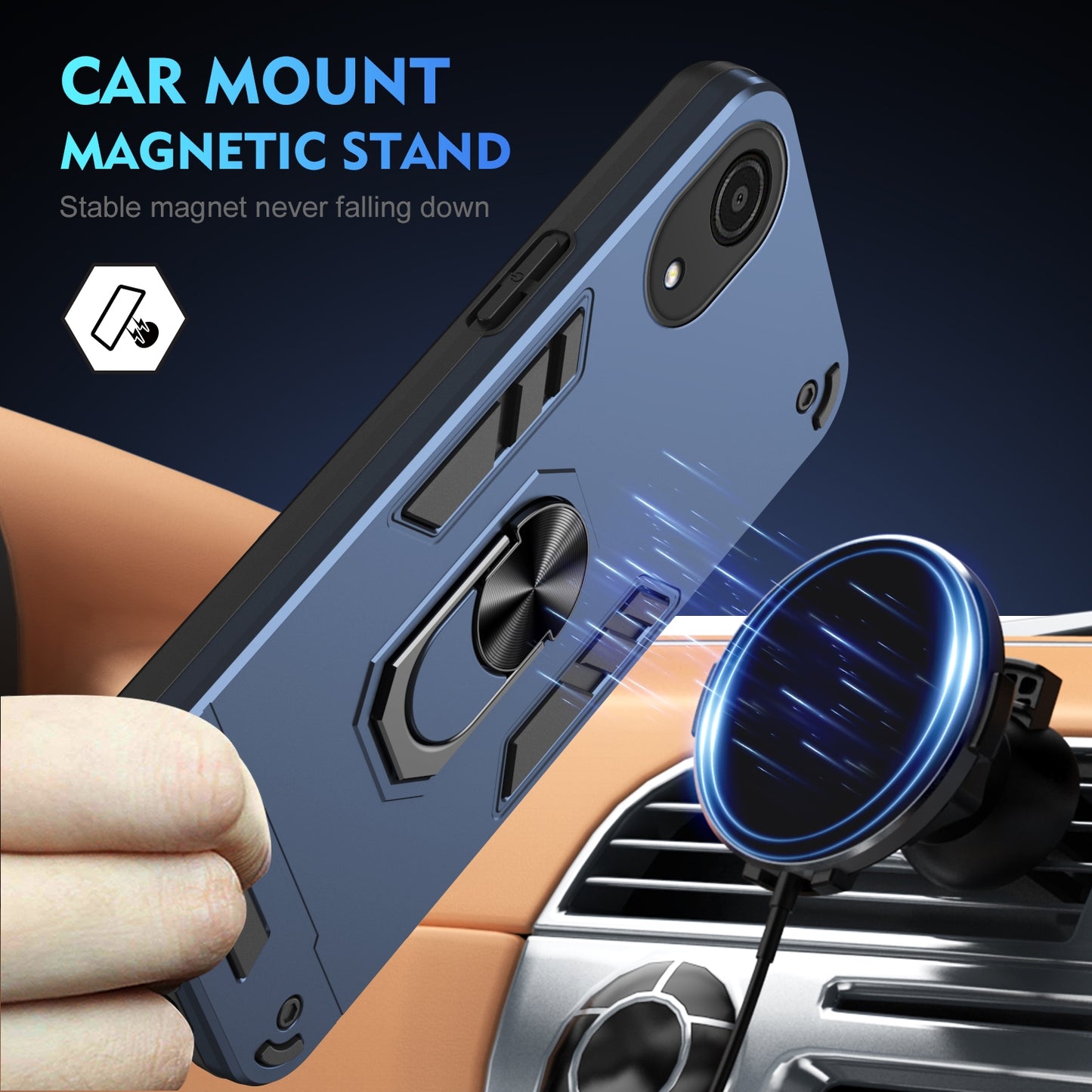 Shockproof Samsung Galaxy A03 Core Phone Case with 360° Rotatable Metal Ring Holder, Magnetic Car Mount Stand, Ultra-Thin PC & Silicone Protection Cover