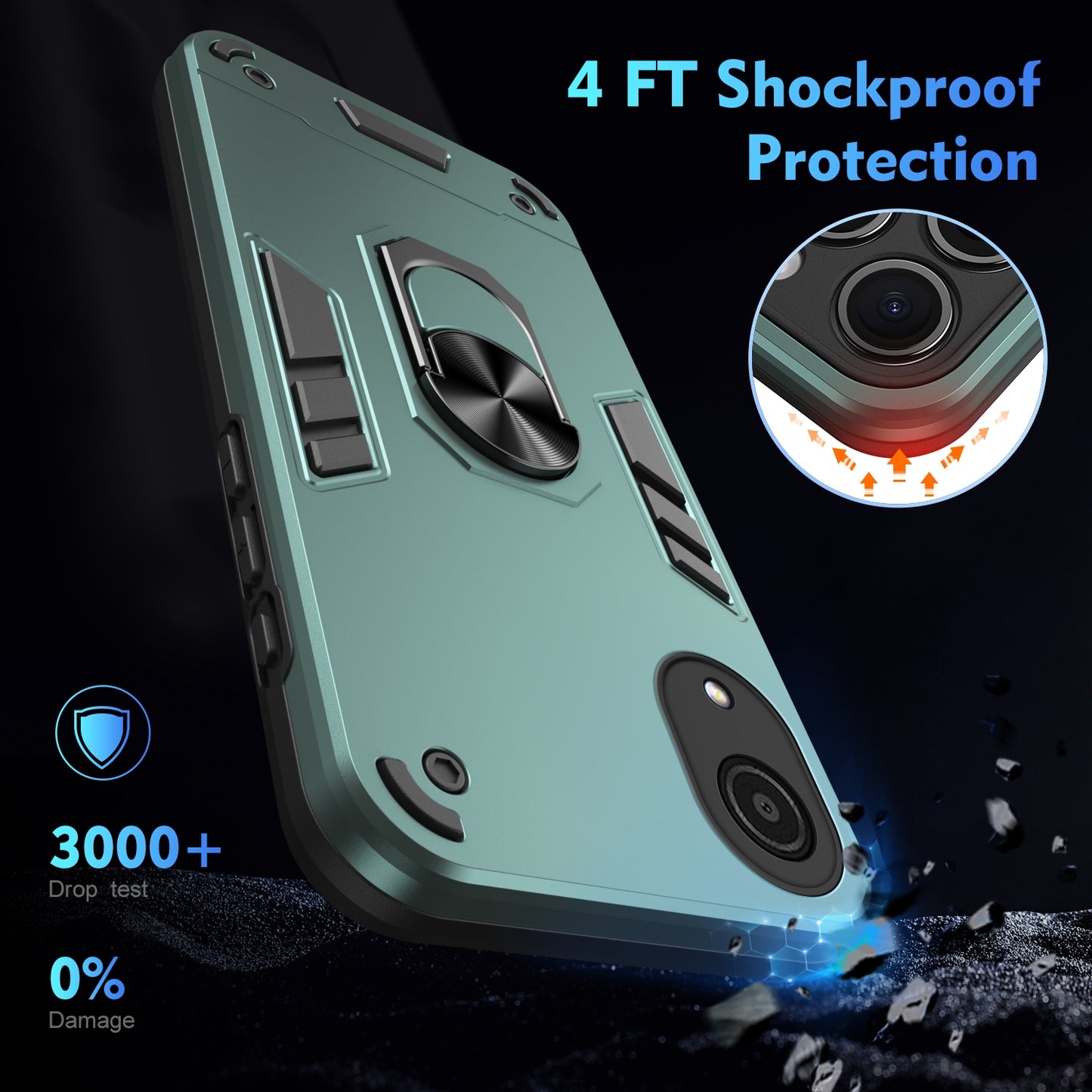 Shockproof Samsung Galaxy A03 Core Phone Case with 360° Rotatable Metal Ring Holder, Magnetic Car Mount Stand, Ultra-Thin PC & Silicone Protection Cover