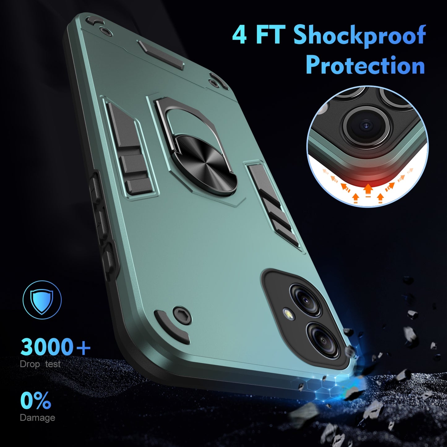 Shockproof Samsung Galaxy A04e Phone Case with 360° Rotatable Metal Ring Holder, Magnetic Car Mount Stand, Ultra-Thin PC & Silicone Protection Cover