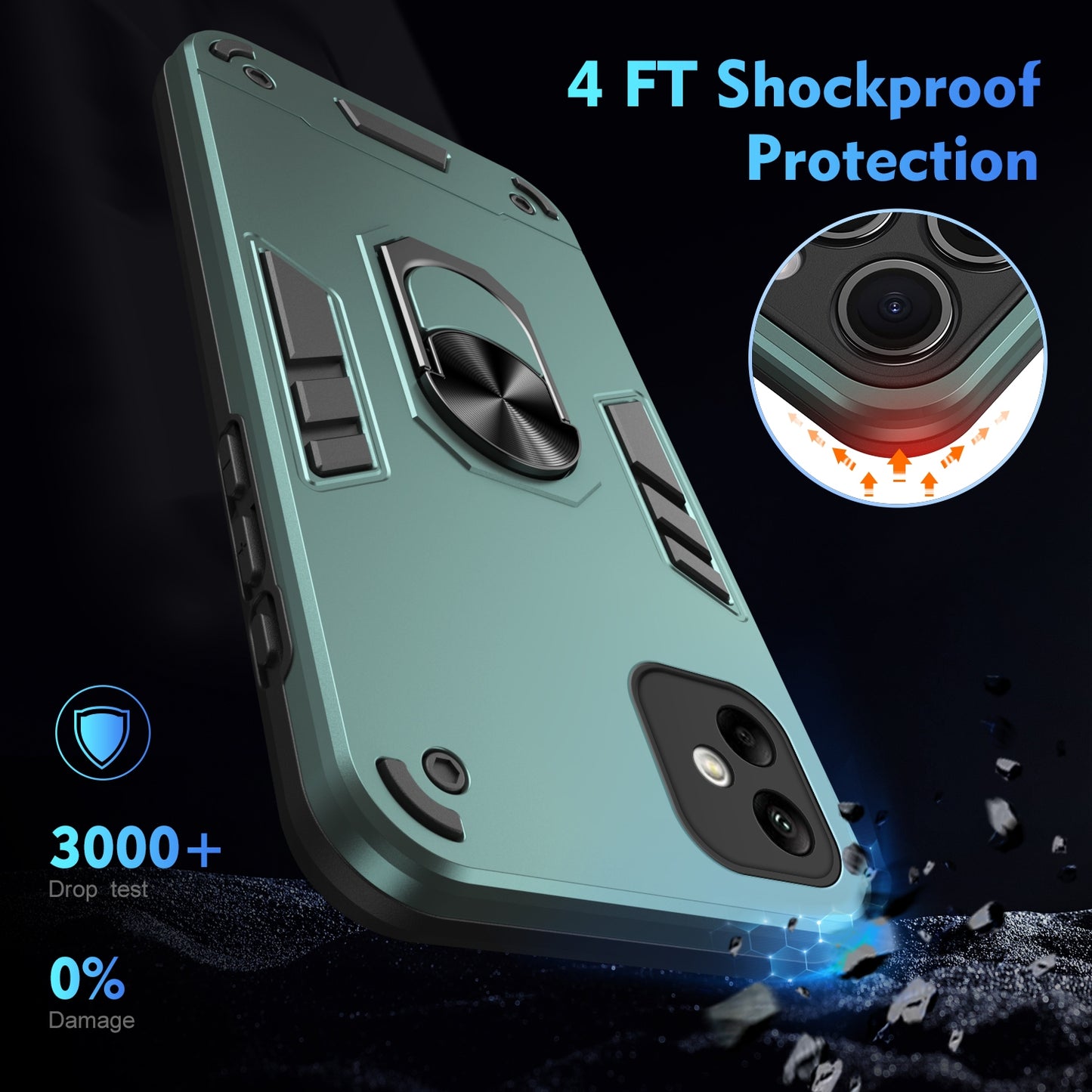 Shockproof Samsung Galaxy A05 Phone Case with 360° Rotatable Metal Ring Holder, Magnetic Car Mount Stand, Ultra-Thin PC & Silicone Protection Cover