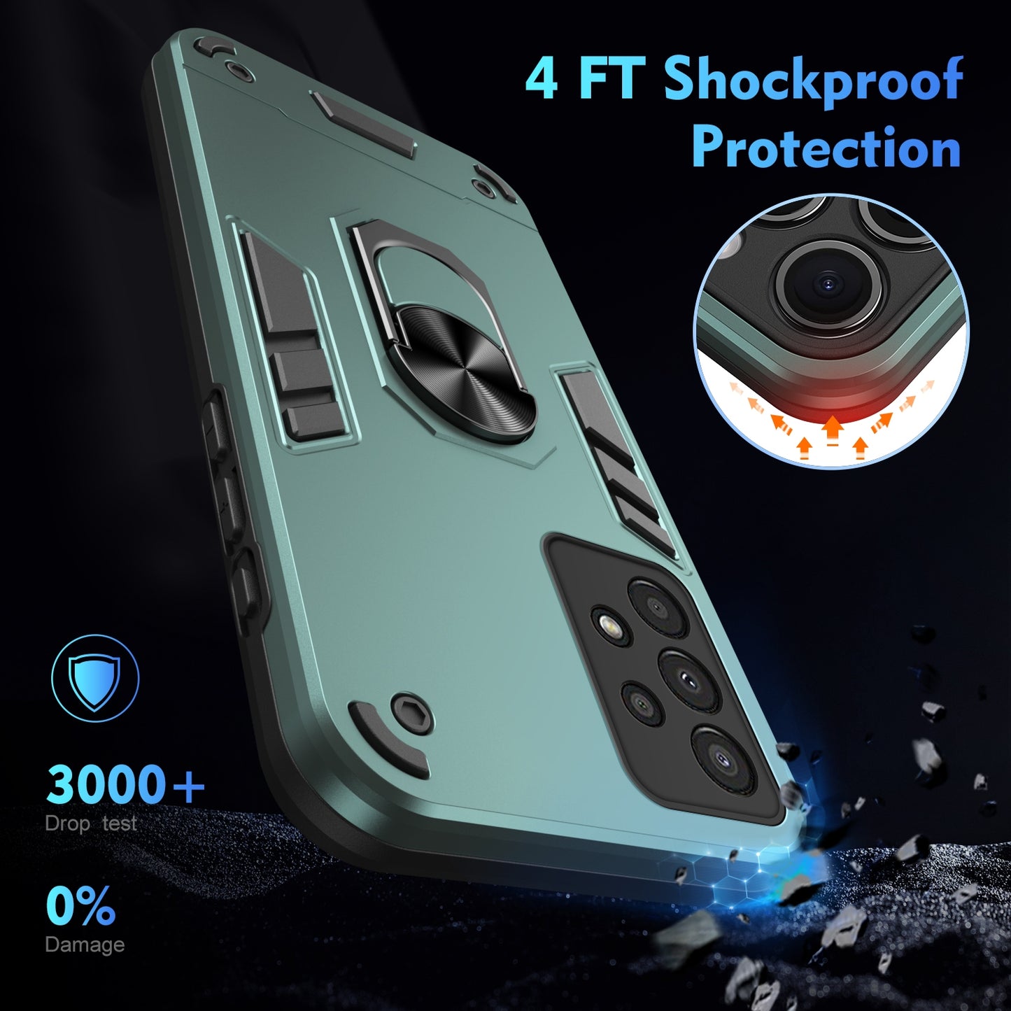 Shockproof Samsung Galaxy A13 Phone Case with 360° Rotatable Metal Ring Holder, Magnetic Car Mount Stand, Ultra-Thin PC & Silicone Protection Cover
