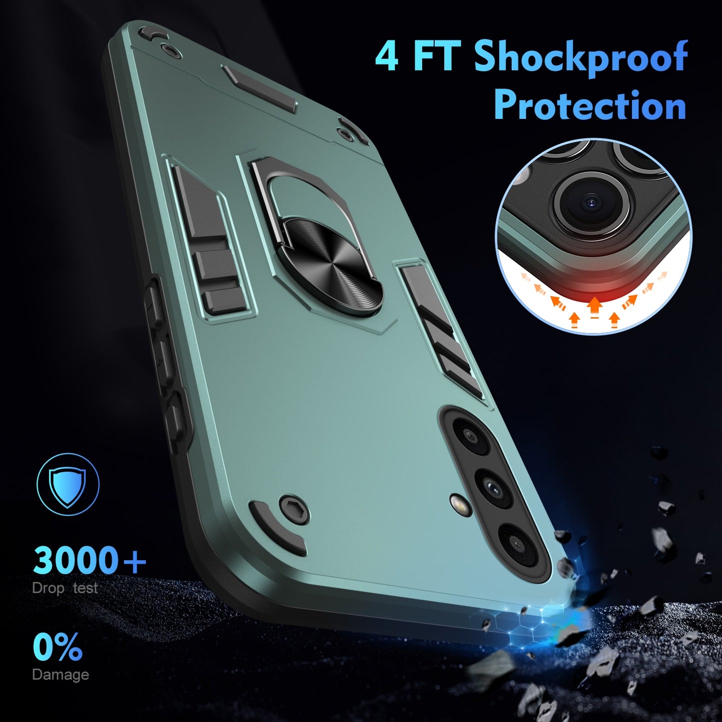 Shockproof Samsung Galaxy A14 Phone Case with 360° Rotatable Metal Ring Holder, Magnetic Car Mount Stand, Ultra-Thin PC & Silicone Protection Cover