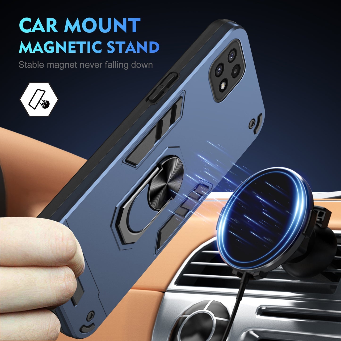 Shockproof Samsung Galaxy A22 5G Phone Case with 360° Rotatable Metal Ring Holder, Magnetic Car Mount Stand, Ultra-Thin PC & Silicone Protection Cover