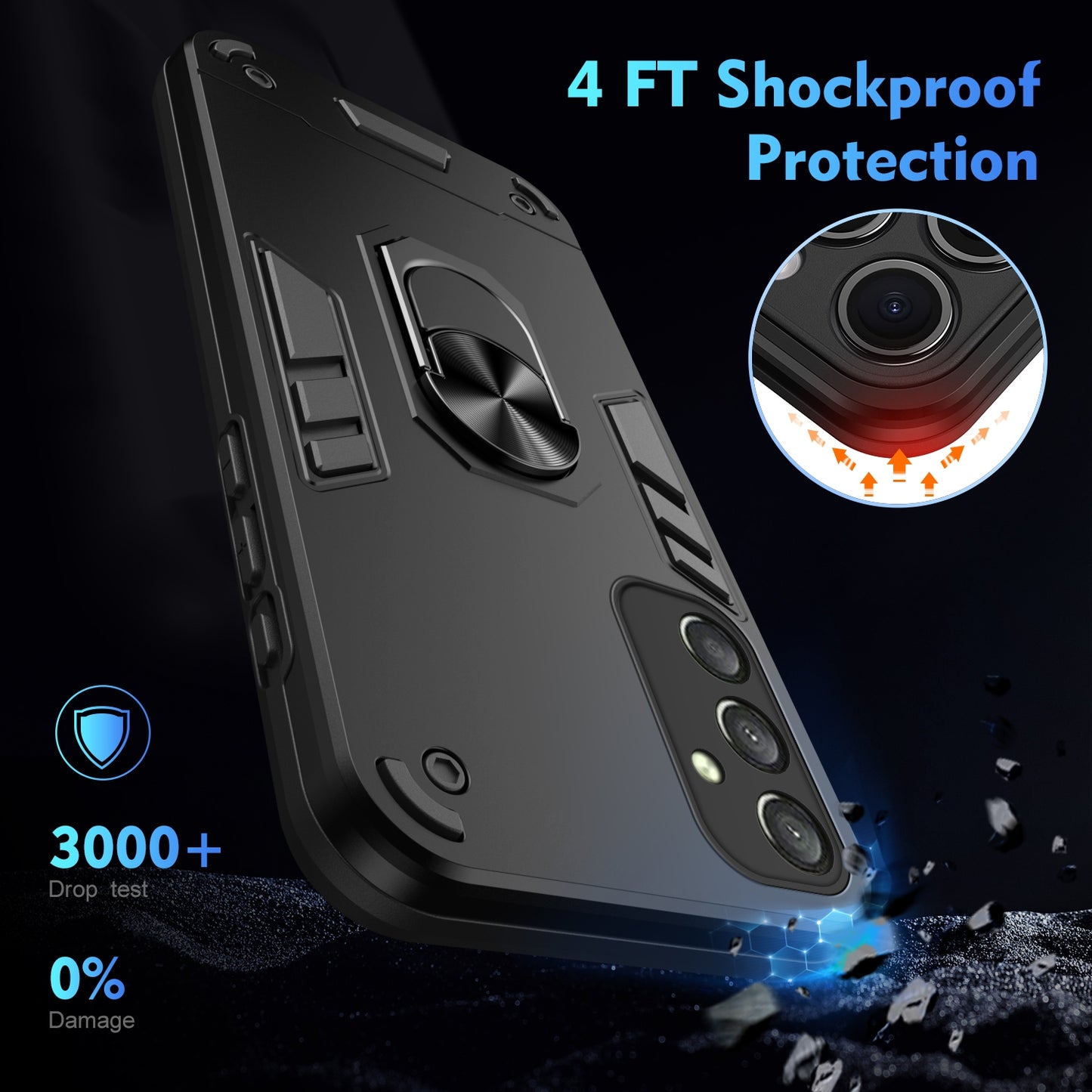 Shockproof Samsung Galaxy A25 161mm Phone Case with 360° Rotatable Metal Ring Holder, Magnetic Car Mount Stand, Ultra-Thin PC & Silicone Protection Cover