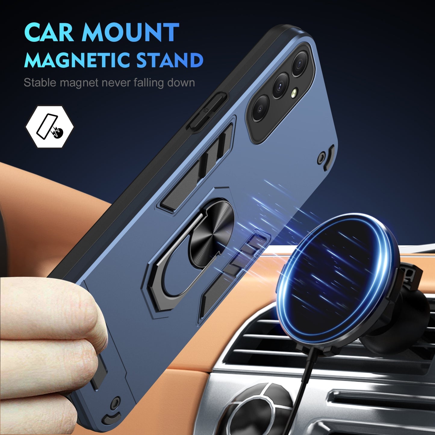 Shockproof Samsung Galaxy A34 5G Phone Case with 360° Rotatable Metal Ring Holder, Magnetic Car Mount Stand, Ultra-Thin PC & Silicone Protection Cover