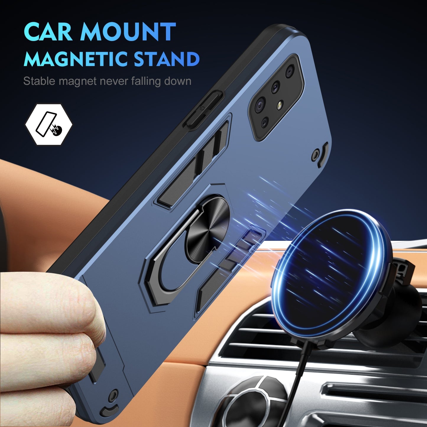 Shockproof Samsung Galaxy A51 4G Phone Case with 360° Rotatable Metal Ring Holder, Magnetic Car Mount Stand, Ultra-Thin PC & Silicone Protection Cover
