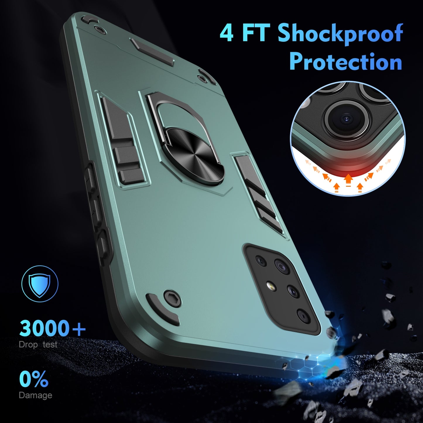 Shockproof Samsung Galaxy A51 4G Phone Case with 360° Rotatable Metal Ring Holder, Magnetic Car Mount Stand, Ultra-Thin PC & Silicone Protection Cover