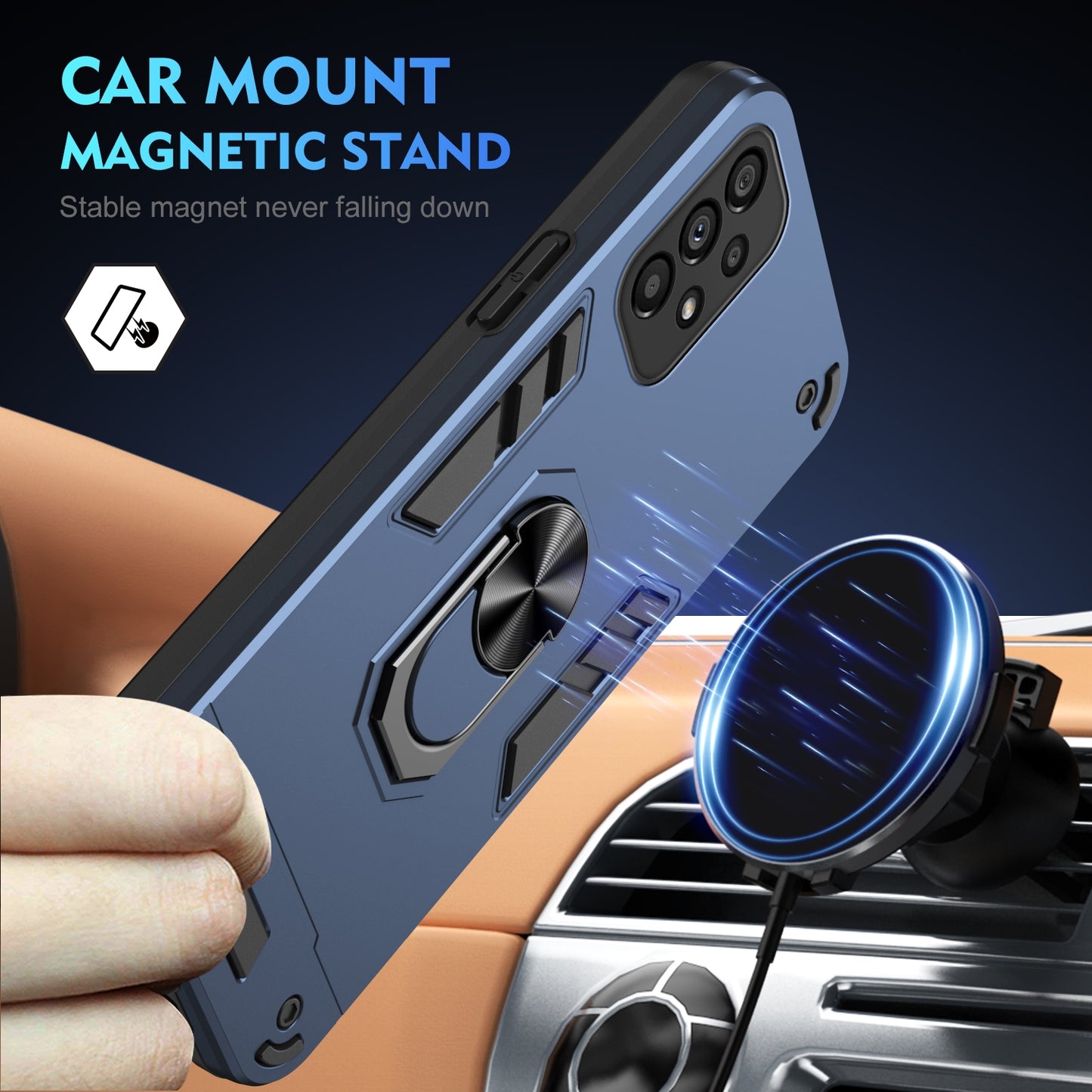 Shockproof Samsung Galaxy A53 5G Phone Case with 360° Rotatable Metal Ring Holder, Magnetic Car Mount Stand, Ultra-Thin PC & Silicone Protection Cover