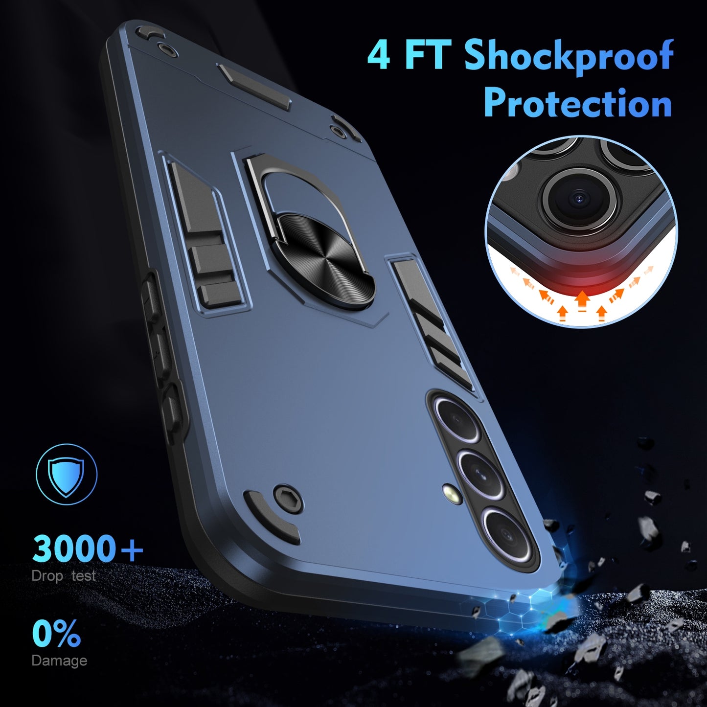 Shockproof Samsung Galaxy A55 Phone Case with 360° Rotatable Metal Ring Holder, Magnetic Car Mount Stand, Ultra-Thin PC & Silicone Protection Cover
