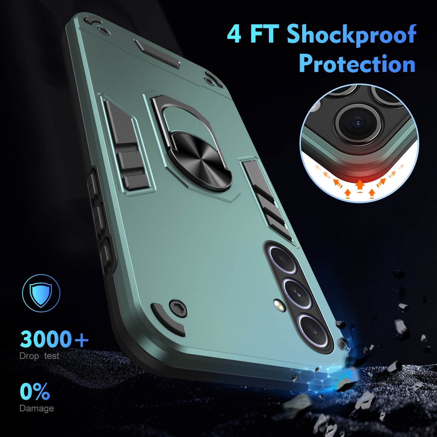 Shockproof Samsung Galaxy A55 Phone Case with 360° Rotatable Metal Ring Holder, Magnetic Car Mount Stand, Ultra-Thin PC & Silicone Protection Cover