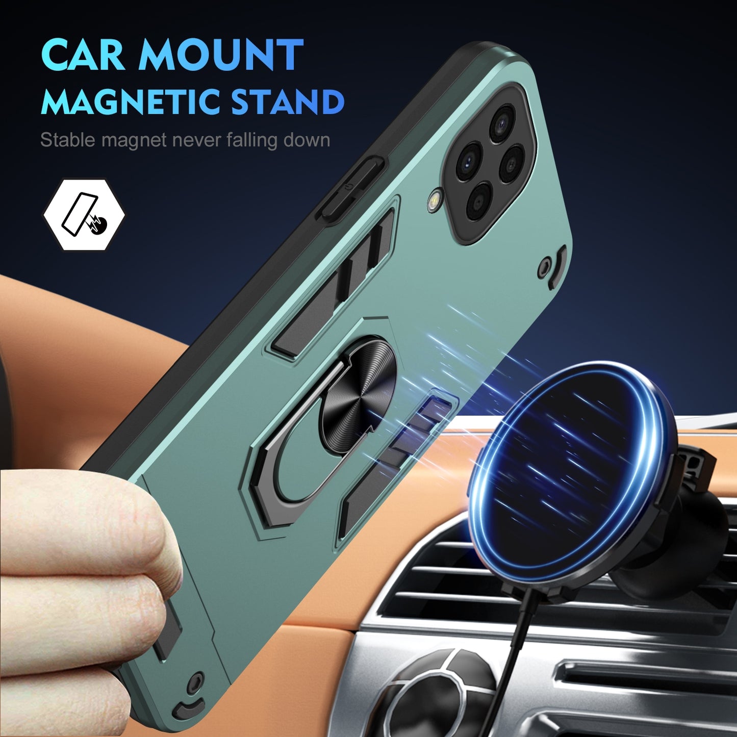 Shockproof Samsung Galaxy M33 5G Phone Case with 360° Rotatable Metal Ring Holder, Magnetic Car Mount Stand, Ultra-Thin PC & Silicone Protection Cover