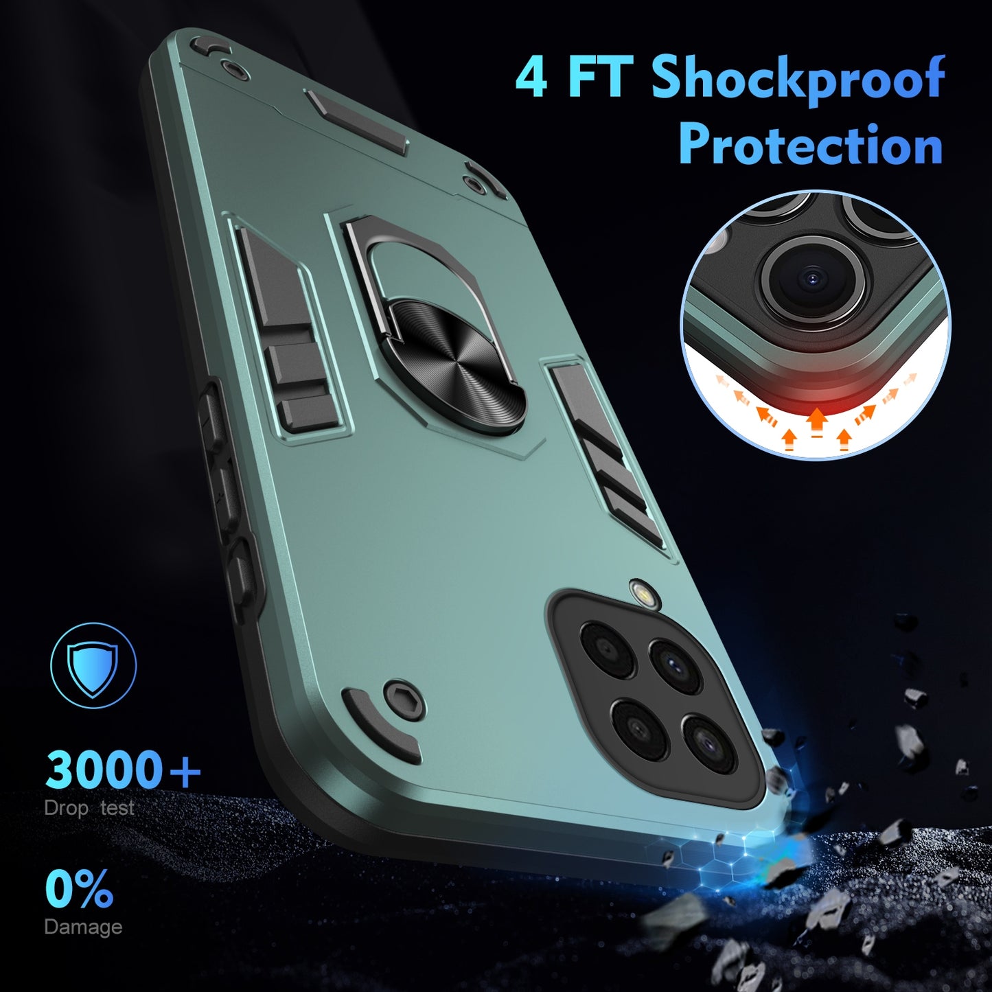 Shockproof Samsung Galaxy M33 5G Phone Case with 360° Rotatable Metal Ring Holder, Magnetic Car Mount Stand, Ultra-Thin PC & Silicone Protection Cover