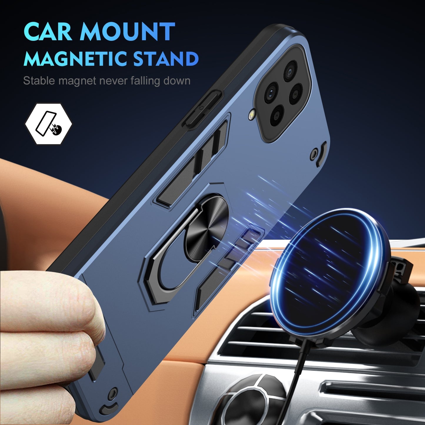 Shockproof Samsung Galaxy M53 5G Phone Case with 360° Rotatable Metal Ring Holder, Magnetic Car Mount Stand, Ultra-Thin PC & Silicone Protection Cover
