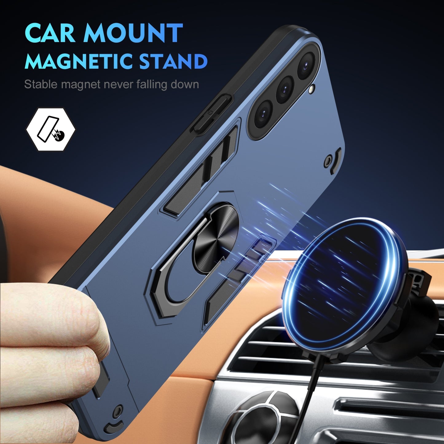 Shockproof Samsung Galaxy S23 5G Phone Case with 360° Rotatable Metal Ring Holder, Magnetic Car Mount Stand, Ultra-Thin PC & Silicone Protection Cover