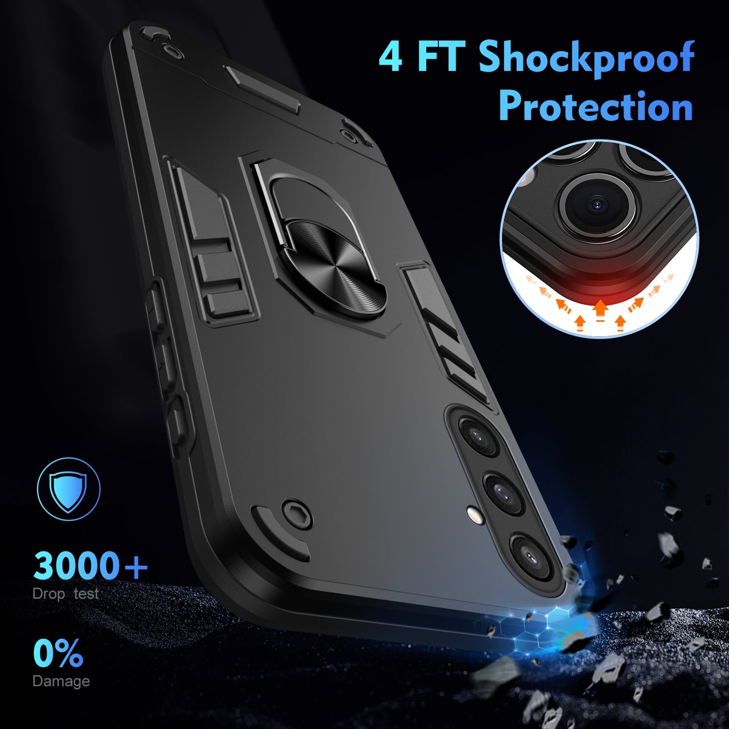 Shockproof Samsung Galaxy S23 FE 5G Phone Case with 360° Rotatable Metal Ring Holder, Magnetic Car Mount Stand, Ultra-Thin PC & Silicone Protection Cover