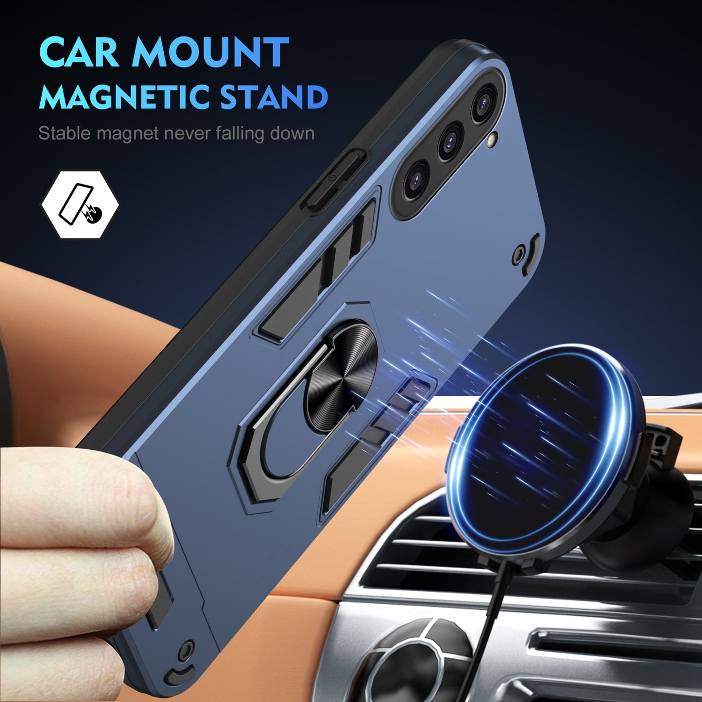 Shockproof Samsung Galaxy S23+ 5G Phone Case with 360° Rotatable Metal Ring Holder, Magnetic Car Mount Stand, Ultra-Thin PC & Silicone Protection Cover