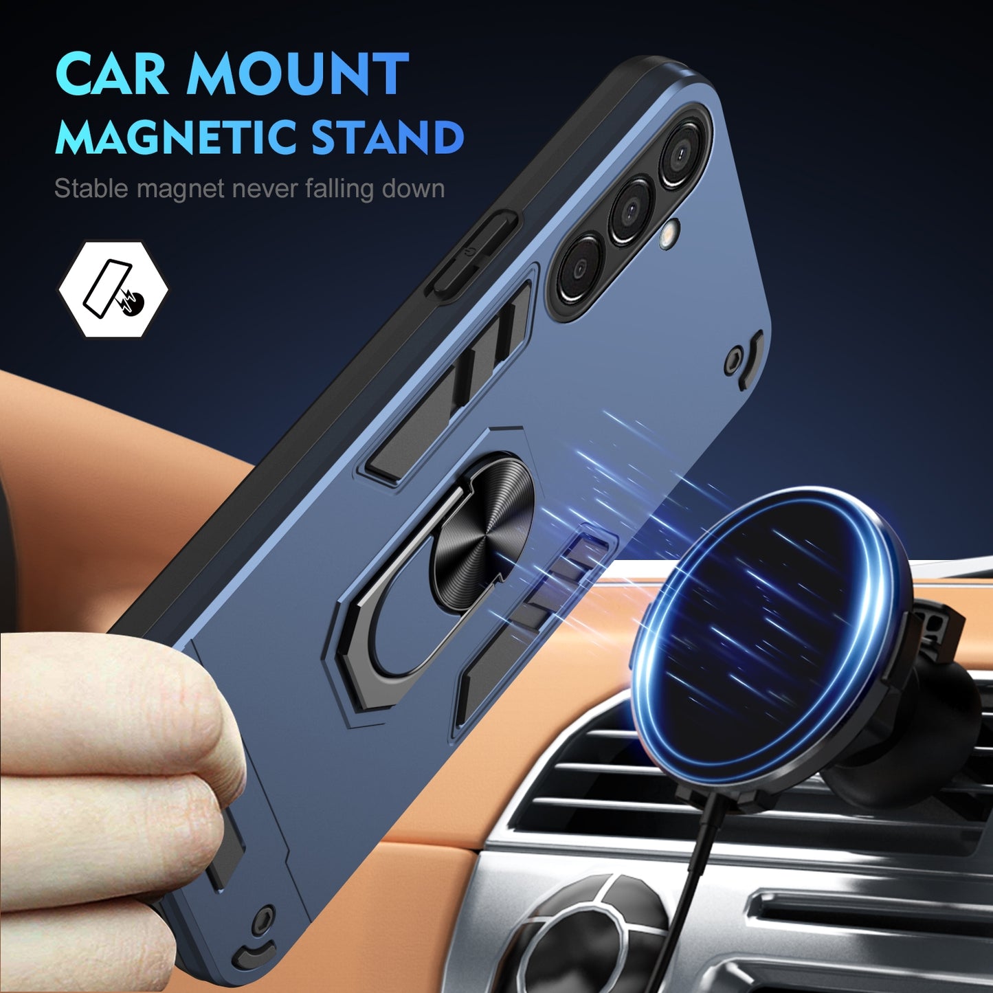 Shockproof Samsung Galaxy M15 Phone Case with 360° Rotatable Metal Ring Holder, Magnetic Car Mount Stand, Ultra-Thin PC & Silicone Protection Cover