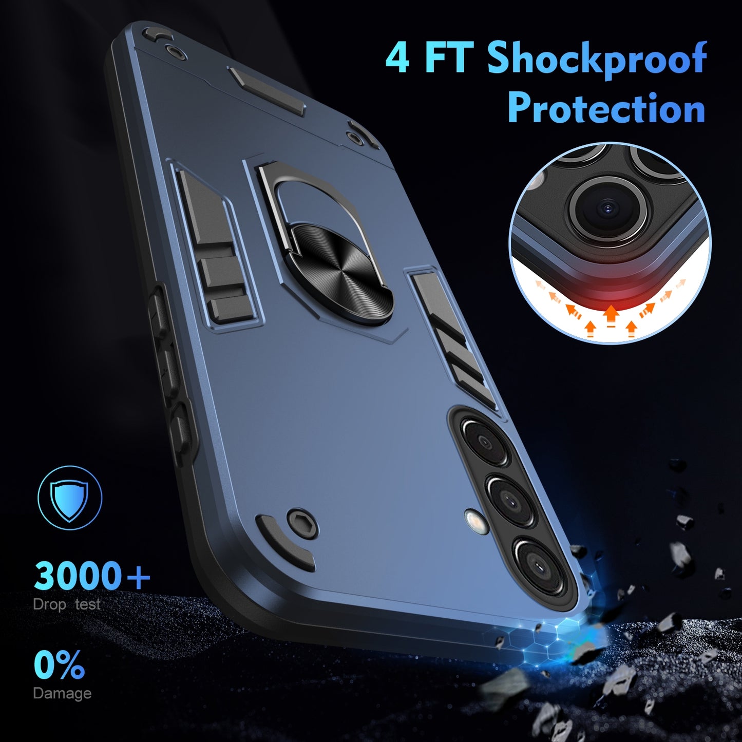 Shockproof Samsung Galaxy M15 Phone Case with 360° Rotatable Metal Ring Holder, Magnetic Car Mount Stand, Ultra-Thin PC & Silicone Protection Cover