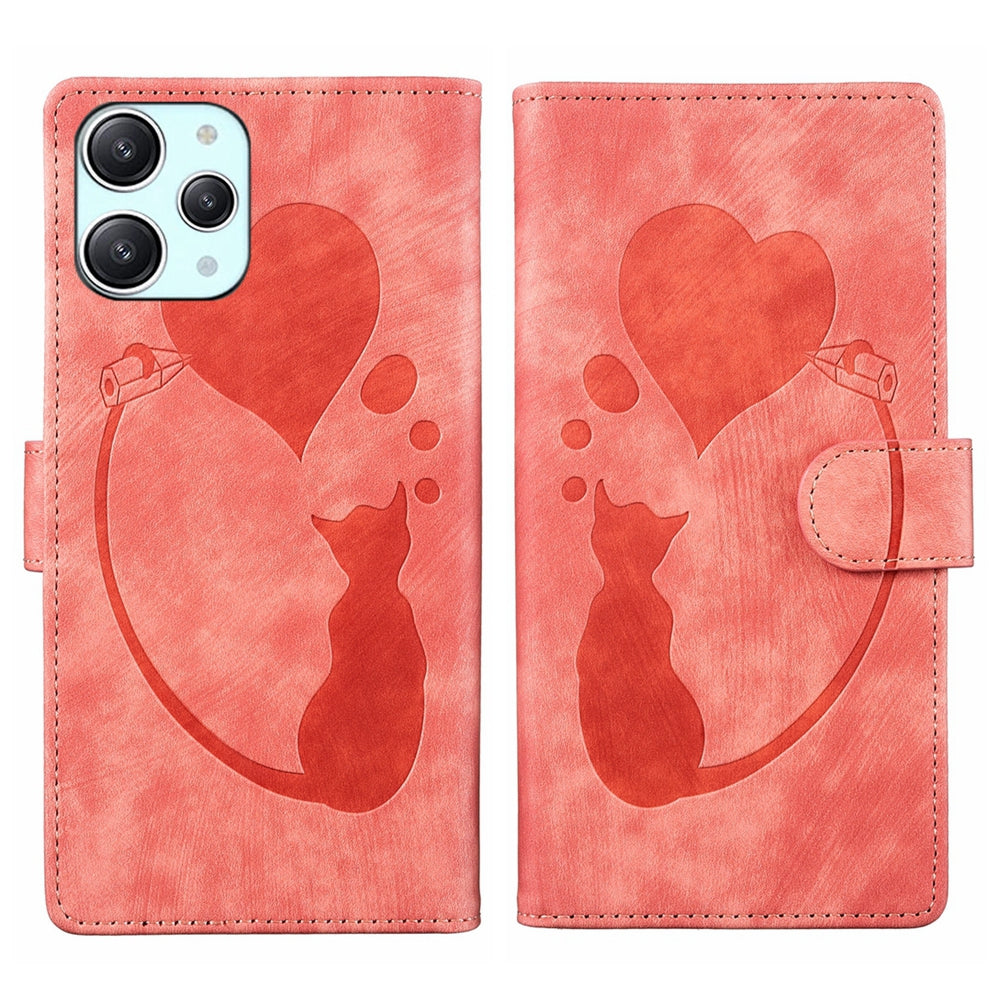 Xiaomi Redmi 12 Heart & Cat Embossed Multi-Functional Pen Leather Wallet Phone Case with Stand and Card Slots