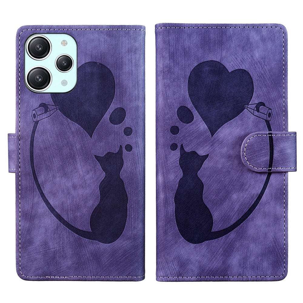 Xiaomi Redmi 12 Heart & Cat Embossed Multi-Functional Pen Leather Wallet Phone Case with Stand and Card Slots