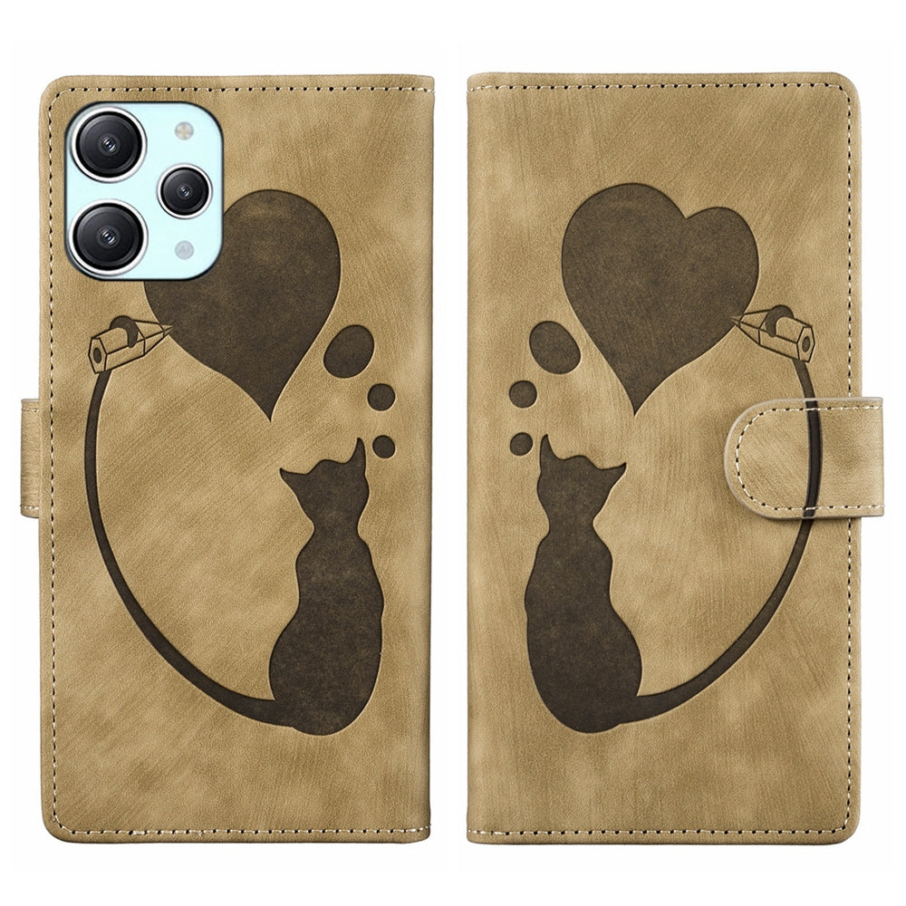 Xiaomi Redmi 12 Heart & Cat Embossed Multi-Functional Pen Leather Wallet Phone Case with Stand and Card Slots