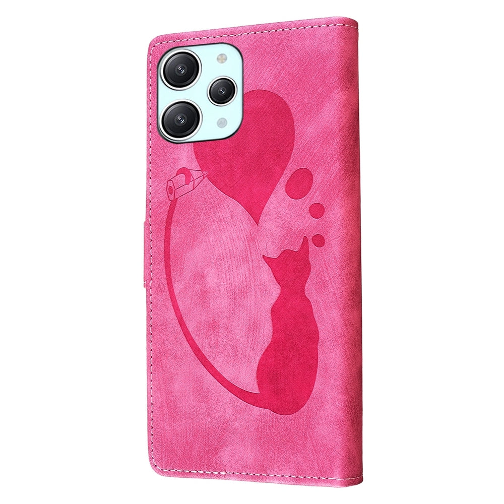 Xiaomi Redmi 12 Heart & Cat Embossed Multi-Functional Pen Leather Wallet Phone Case with Stand and Card Slots