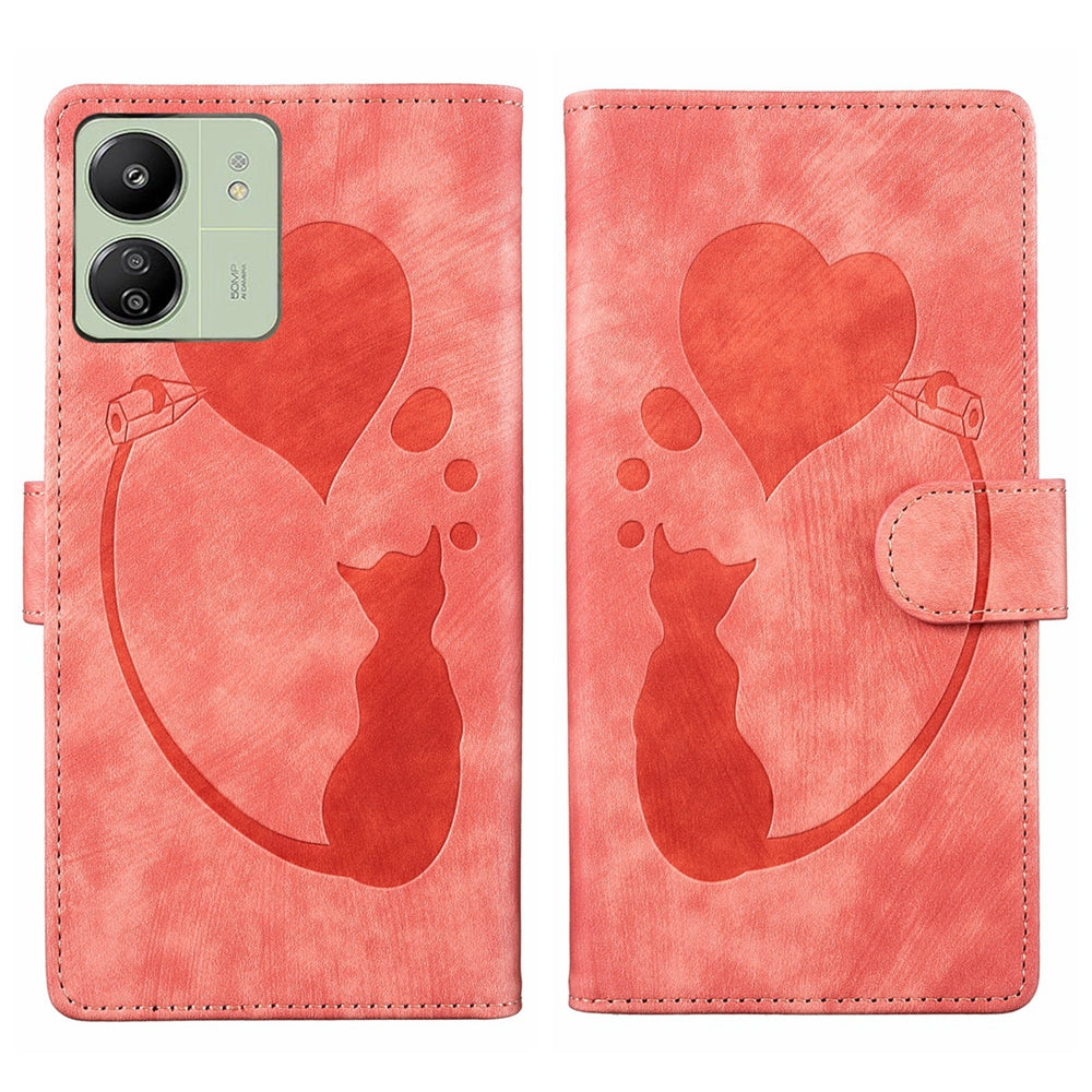 Xiaomi Poco C65 Heart & Cat Embossed Multi-Functional Pen Leather Wallet Phone Case with Stand and Card Slots