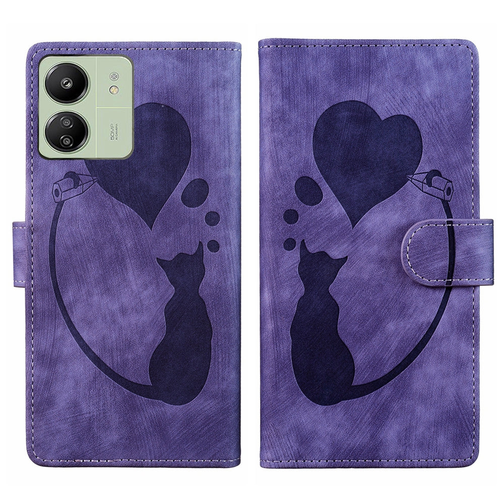 Xiaomi Poco C65 Heart & Cat Embossed Multi-Functional Pen Leather Wallet Phone Case with Stand and Card Slots