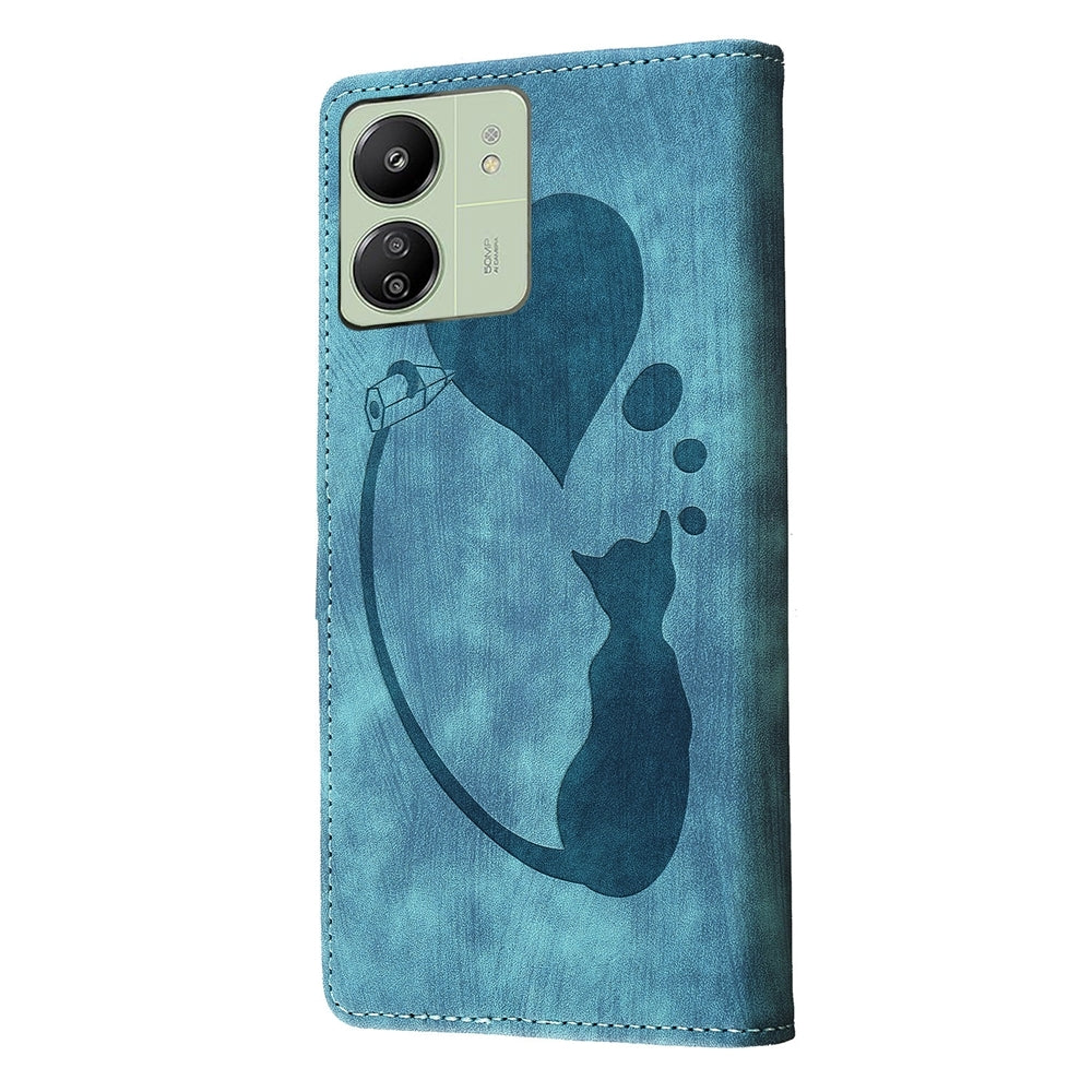 Xiaomi Redmi 13C 4G Heart & Cat Embossed Multi-Functional Pen Leather Wallet Phone Case with Stand and Card Slots