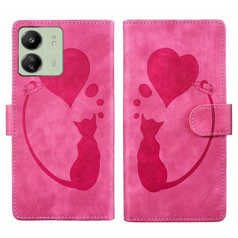 Xiaomi Redmi 13C 5G Heart & Cat Embossed Multi-Functional Pen Leather Wallet Phone Case with Stand and Card Slots