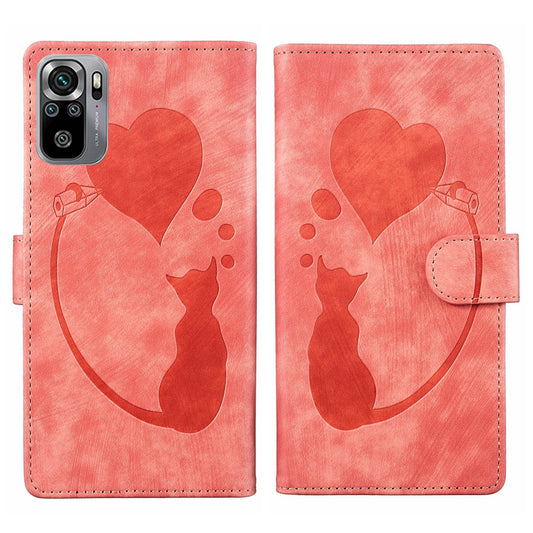 Xiaomi Redmi Note 10S Heart & Cat Embossed Multi-Functional Pen Leather Wallet Phone Case with Stand and Card Slots