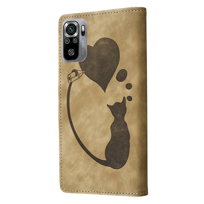 Xiaomi Redmi Note 10S Heart & Cat Embossed Multi-Functional Pen Leather Wallet Phone Case with Stand and Card Slots