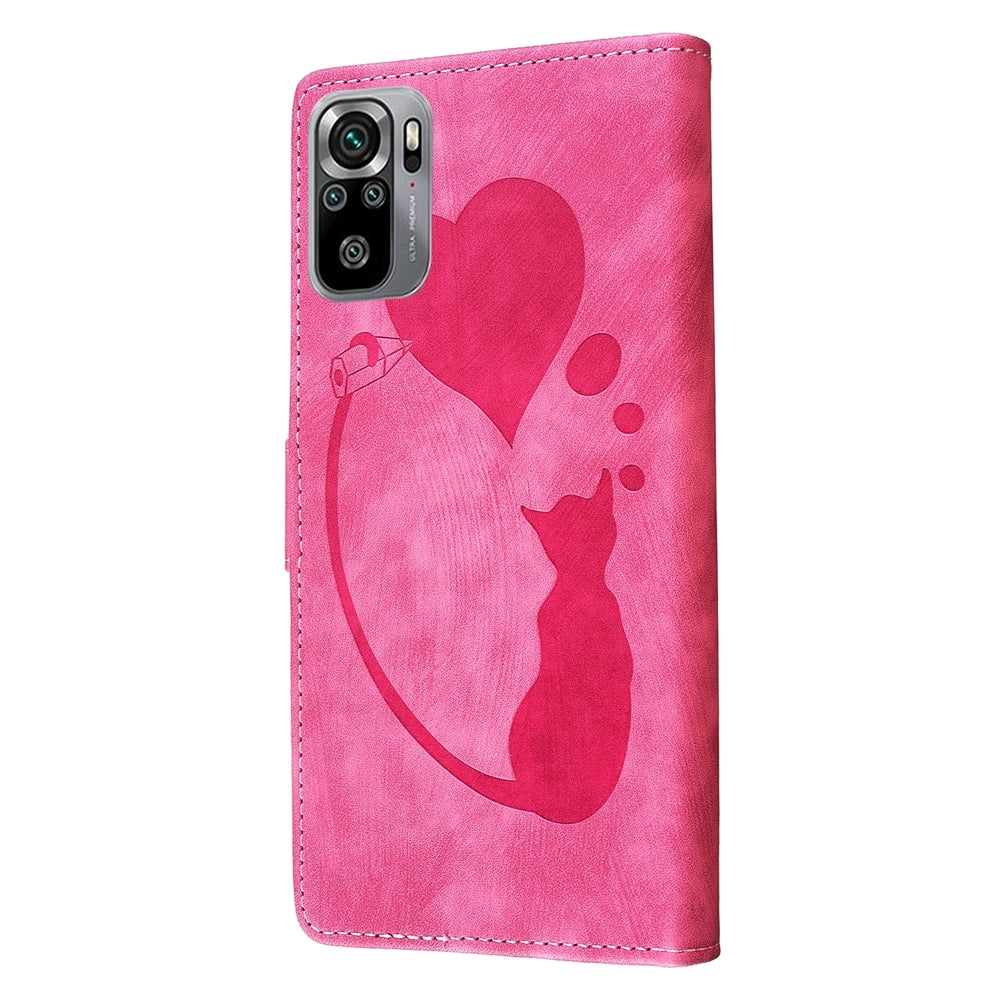 Xiaomi Redmi Note 10S Heart & Cat Embossed Multi-Functional Pen Leather Wallet Phone Case with Stand and Card Slots