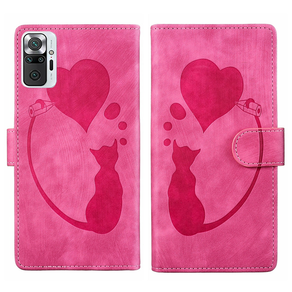 Xiaomi Redmi Note 10 Pro Heart & Cat Embossed Multi-Functional Pen Leather Wallet Phone Case with Stand and Card Slots