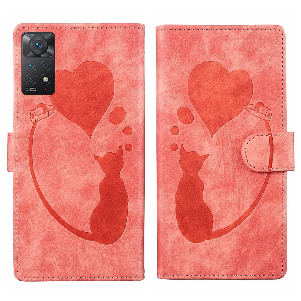 Xiaomi Redmi Note 11 Pro 5G Heart & Cat Embossed Multi-Functional Pen Leather Wallet Phone Case with Stand and Card Slots